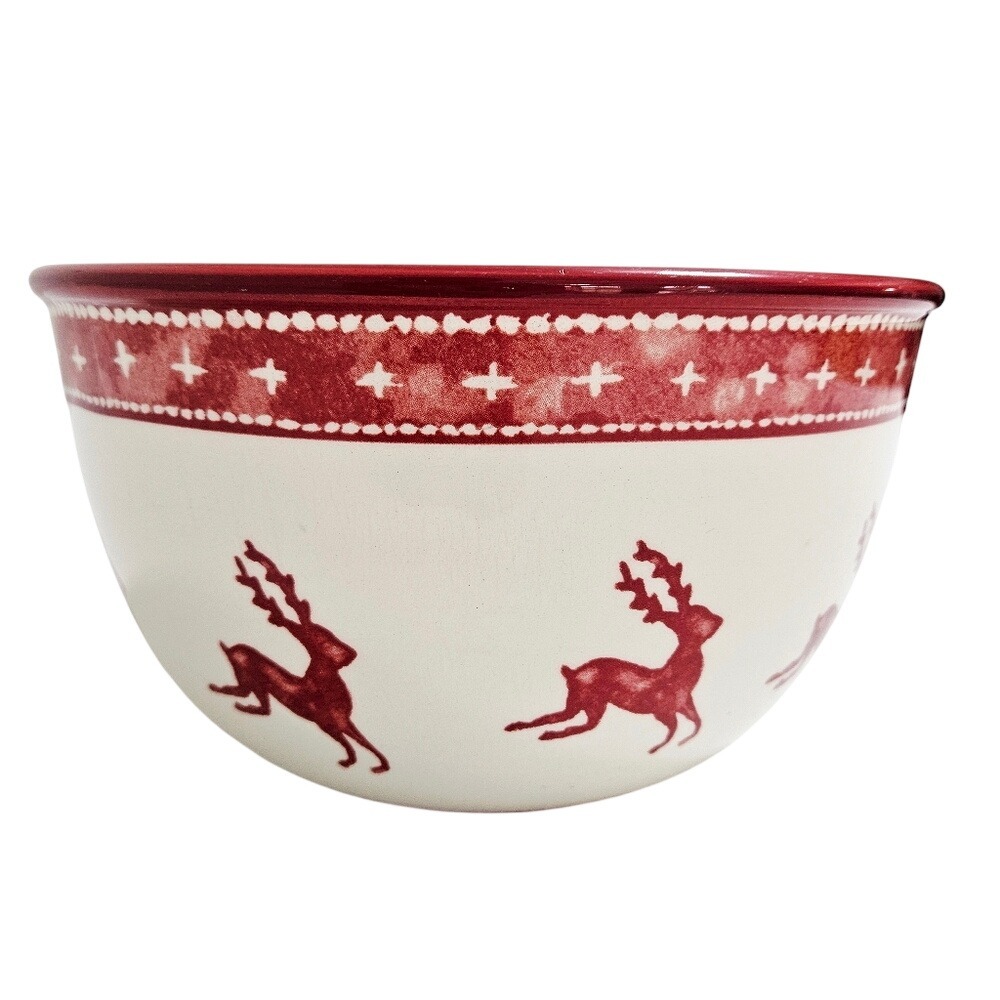 Vtg Dansk Nordic Knit Red Large Serving Bowl Holiday Reindeer Christmas Cream 9"